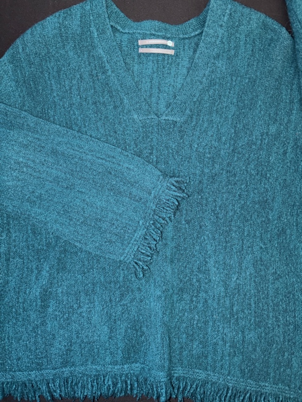 Anthropologie Teal Fringe V-Neck Sweater size Small